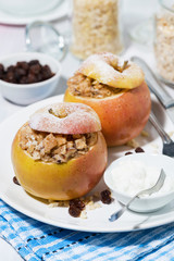 healthy breakfast. oatmeal baked in apple, vertical