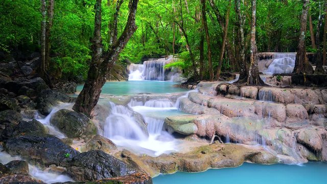 4K, Time lapse Beautiful waterfall erawan  Waterfall waterfall in kanchanaburi province Thailand