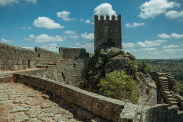 Pathway over wall and tower from keep in a castle