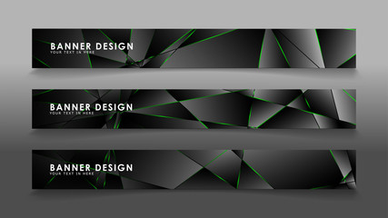 square banner vector collection . Black premium background with luxury dark polygonal pattern and green triangle lines