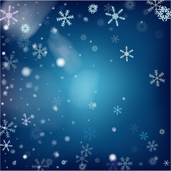Fototapeta na wymiar Blue Realistic Vector Snowfall. Christmas, New Year Grunge Holidays Background. Realistic Snowfall Pattern, Falling Snowflakes Overlay. Winter Cold Dots Storm Sky, Frost Effect Silver Ice Square Frame