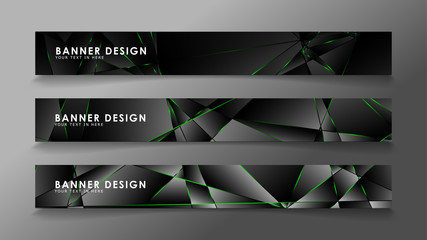 square banner vector collection . Black premium background with luxury dark polygonal pattern and green triangle lines