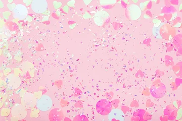 Foto op Aluminium Colorful Confetti and sparkles on pink pastel trendy background. Festive frame, holiday backdrop. Flat lay, copy space. © Julia Manga