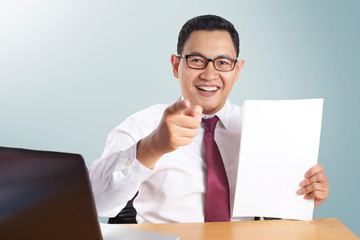 Job Offer Concept, Businessman Pointing Forward While Holding Empty Paper