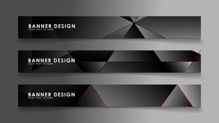 Square banner vector collection . Black premium background with luxury dark polygonal pattern and red triangle lines