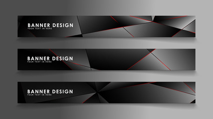 Square banner vector collection . Black premium background with luxury dark polygonal pattern and red triangle lines