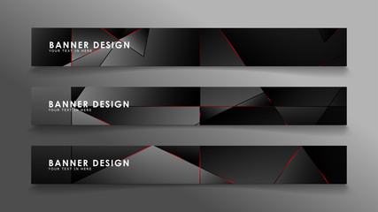 Square banner vector collection . Black premium background with luxury dark polygonal pattern and red triangle lines