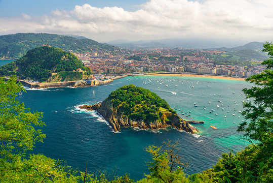 Aerial view of turquoise bay of San Sebastian or Donostia with beach La Concha, Basque country, Spain