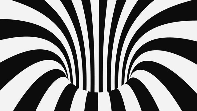 Black and white psychedelic optical illusion. Abstract hypnotic animated background. Spiral geometric looping monochrome wallpaper. Surreal modern dynamic backdrop. 3D seamless full HD animation