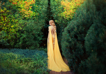 slender beauty in elegant bright dress with stretching trains goes to thick of magical garden,...