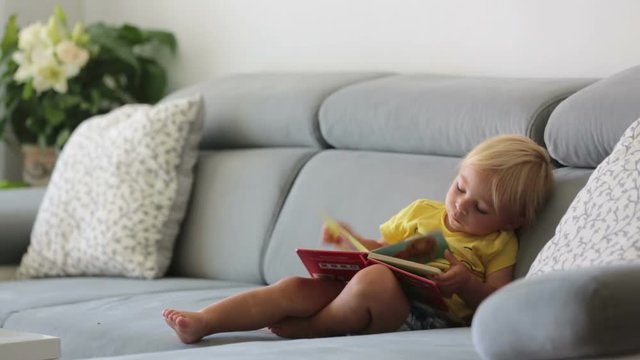 Sweet toddler boy, sitting on a couch, eating cherries and looking at picture book, enjoying healthy meal