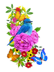 bird sits on a branch of bright red flowers, lilac roses, green leaves, beautiful butterflies. Isolated on white background. Flower composition.