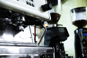 Modern coffee machine in cafe, closeup. Space for text