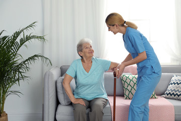 Fototapeta premium Nurse assisting elderly woman with cane indoors