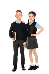 Full length portrait of cute children in school uniform on white background