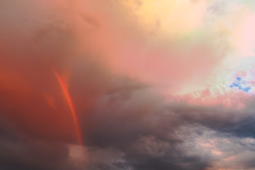 Bright juicy multi-colored rainbow on the evening sky in the summer.