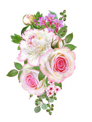Flower composition. A bouquet of delicate pink roses, buds, green leaves. Isolated on white background.