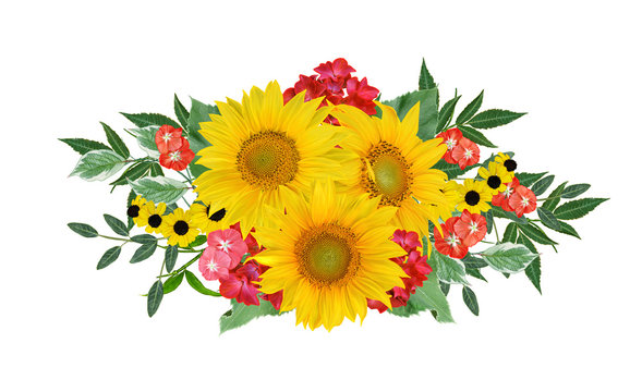 Flower composition. A bouquet of yellow sunflowers, bright crimson flowers, green leaves. Isolated on white background.