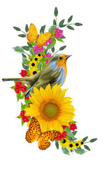 Fototapeta premium orange bird sits on a branch of bright red flowers, yellow sunflowers, green leaves, beautiful butterflies. Isolated on white background. Flower composition.