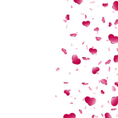 Heart frame isolated white background. Red hearts fall confetti border. Abstract heart-shape design love card, wedding romantic poster. Pattern greeting, Valentine day decoration. Vector illustration