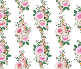 Nahtloses mit Blumenmuster. Blumenzusammensetzung. Bouquet von zarten rosa Rosen, Knospen, grünen Blättern, Zweigen, Beeren.