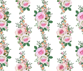 Fototapete Blumen Nahtloses mit Blumenmuster. Blumenzusammensetzung. Bouquet von zarten rosa Rosen, Knospen, grünen Blättern, Zweigen, Beeren.