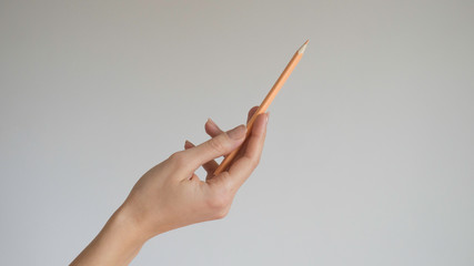  Woman's hand holding a wooden color pencil on isolated background - close up
