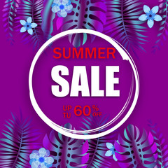 Summer advertising template promotional sale floral banner with trend holographic tropical plant leaves background
