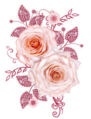 Decorative decoration, paisley element, delicate textured silver leaves made of fine lace and pearls. Jeweled shiny curls, thread from beads, bud pastel pink rose. Openwork weaving delicate