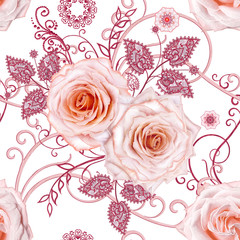 Seamless pattern. Decorative decoration, paisley element, delicate textured leaves made of fine lace and pearls. Jeweled shiny curls, bud pastel pink rose. Openwork weaving delicate.