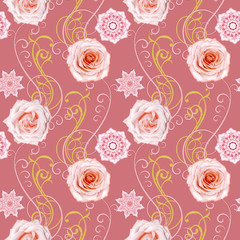 Seamless pattern. Decorative decoration, paisley element, delicate textured leaves made of fine lace and pearls. Jeweled shiny curls, bud pastel pink rose. Openwork weaving delicate.