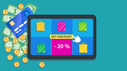 Online shopping deals. Flat tablet with gift boxes icon, special offer sale 20% off and cursor click get discount button on screen. Table with cash, coins and credit card. Marketing, promotion
