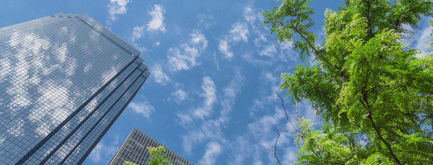 Panoramic low angle view of skyscrapers with trees under sunny cloud sky