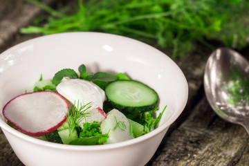 traditional Russian dish okroshka, soup in rustic style