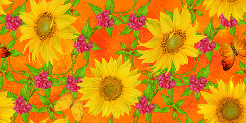 Fototapeta na wymiar Floral seamless pattern. Yellow sunflowers, green leaves, bright flowers, butterfly