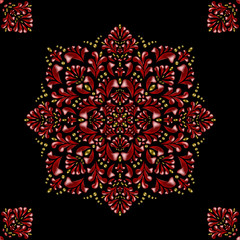 Seamless pattern of red with golden floral ornament on a black background