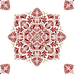 Seamless pattern of red with golden floral ornament on a white background