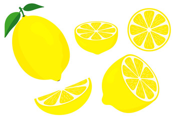 Vector lemons. Fresh lemon fruits. Half and slice lemon with green leaf. Sliced lemon. Vitamin C. Slice of lemon
