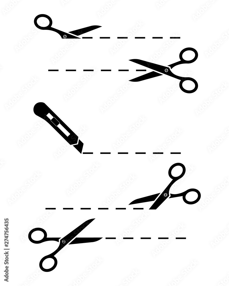 Poster scissors.set of scissors and stationery knife with cut lines. scissors with cut lines coupon . sciss