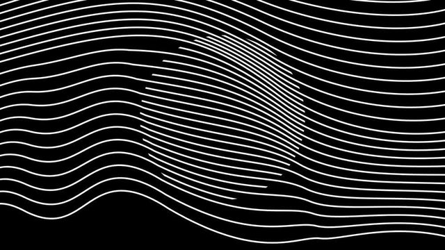 Ornamental smooth flow of white blending lines and negative space of circle by the lines. Motion wallpaper with wavy stroke. Seamless looping animation.