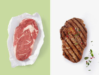 Raw beef in paper packaging next to cooked beef