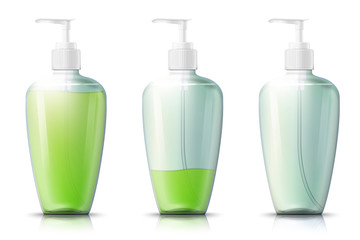Vector 3d realistic pump bottle with liquid gel inside, isolated on white background. Mock-up for product package branding.