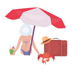 woman with umbrella suitcase crab cocktail summer time