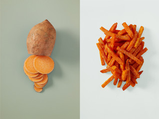 Sliced sweet potato next to sweet potato fries