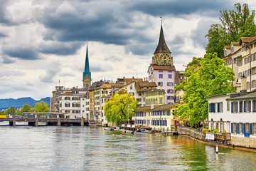 Zurich, Switzerland. View of the historic city center on the Limmat river