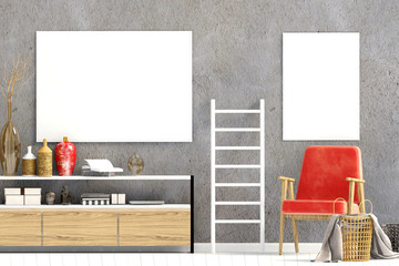 Modern interior with dresser. Poster mock up. 3d illustration.