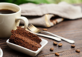 Home baked chocolate cake and a cup of coffee