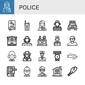 Set of police icons such as Lawyer, Constitution, Walkie talkie, Prisoner, Police car, Police station, Firewoman, Jury, Policeman, Suspect, Judge, Detective, Badge, Whistle ,
