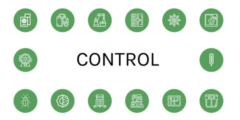 Set of control icons such as Passport, Pedal, Robotic arm, Shift stick, Helm, Video, Cockroach, Artificial intelligence, Slider, System, Gearstick, Bathroom scale, Wheel , control