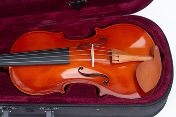 Part of an orange violin in a burgundy velvet case.